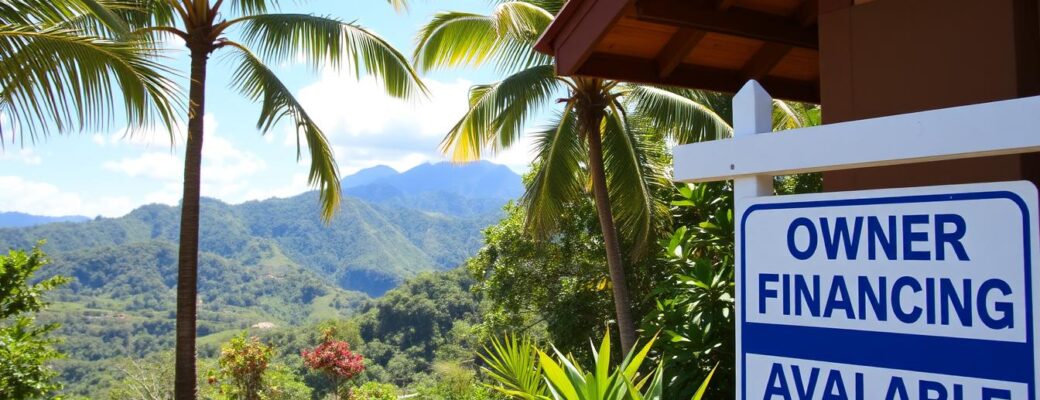Beautiful Costa Rica property with owner financing sign in foreground