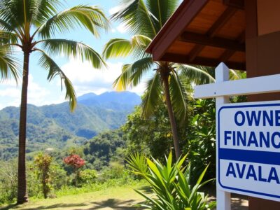 Beautiful Costa Rica property with owner financing sign in foreground