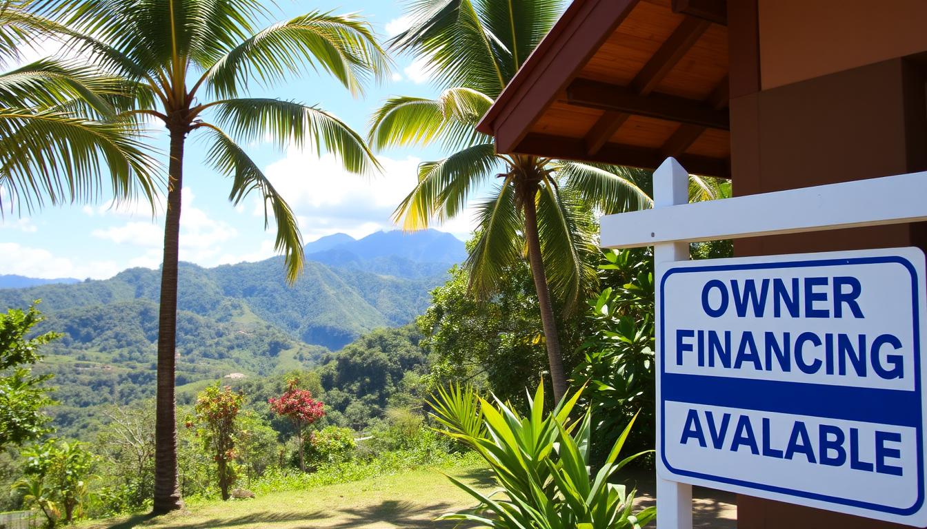 Beautiful Costa Rica property with owner financing sign in foreground