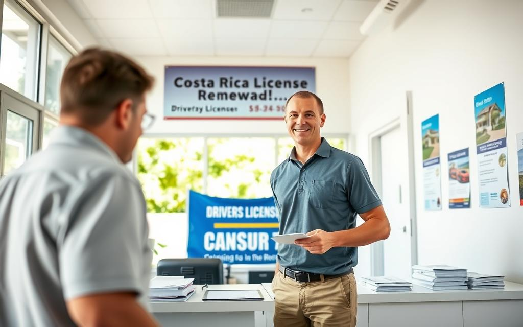 A Caucasian male employee in business casual attire, wearing a polo shirt and khakis, is standing at a bright, modern Costa Rican driver's license renewal office. In the foreground, he is attentively assisting a customer with paperwork, while in the middle, a counter displays various documents and a Costa Rica Real Estate banner in the background, promoting local services. The office features large windows allowing natural light to flood the space, creating a welcoming and efficient atmosphere. On the walls, there are posters about the driver's license process. The angle is slightly elevated, capturing both the employee's friendly demeanor and the organized chaos of the office environment, evoking a sense of professionalism and efficiency.