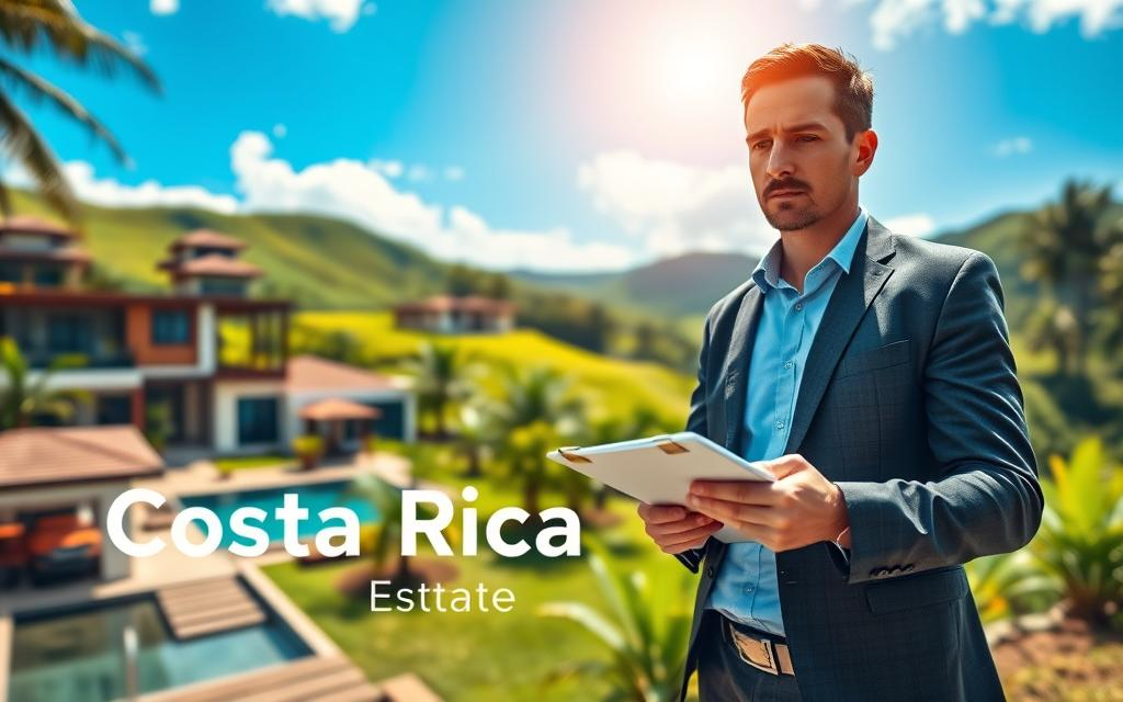 A Caucasian male real estate agent in a business casual outfit, examining a vibrant, lush property in Costa Rica. In the foreground, the agent holds a clipboard and takes notes, showcasing a keen level of professionalism. The middle ground features beautifully designed property features, including tropical gardens and modern architecture, symbolizing investment-ready homes. The background displays the stunning Costa Rican landscape with rolling green hills and a bright blue sky, imbued with warm, natural sunlight creating an inviting atmosphere. Use a wide-angle perspective to capture this vivid scene, emphasizing the attractive surroundings while maintaining focus on the agent. Incorporate the brand name "Costa Rica Real Estate" subtly into the scene, enhancing the professionalism of the setting.