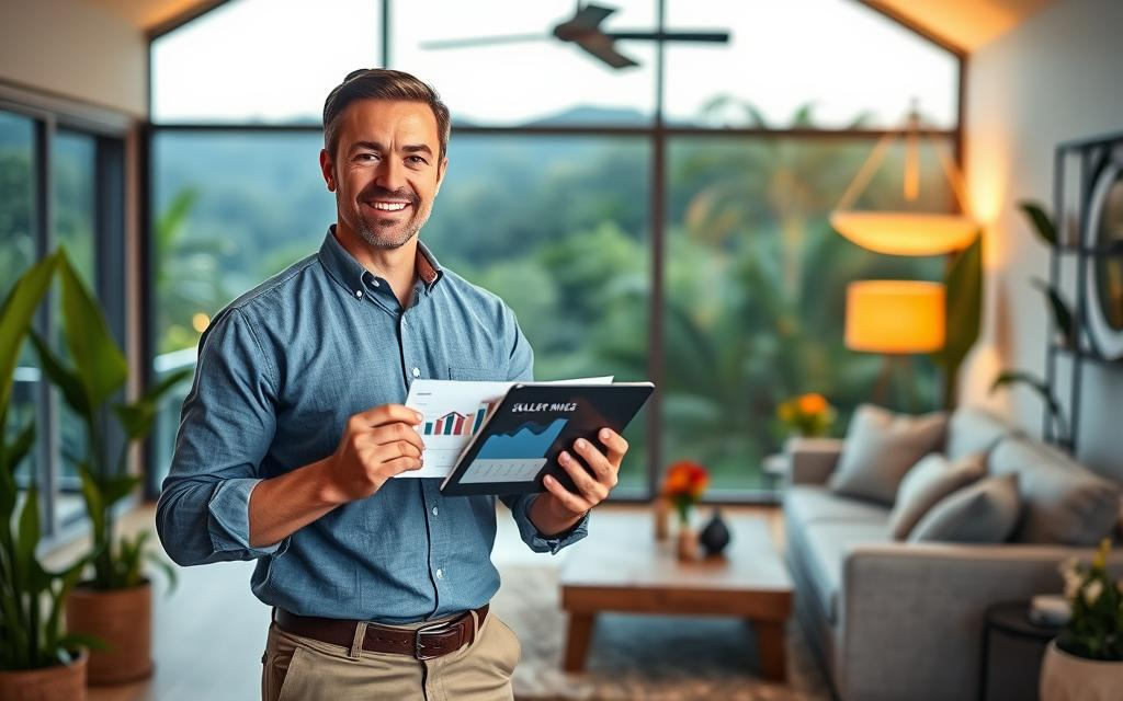 A Caucasian male staff member in business casual attire, such as a button-down shirt and slacks, stands confidently in the foreground, holding a tablet displaying housing data, symbolizing a seller mindset strategy. In the middle ground, a cozy and well-staged home interior reflects optimally prepared selling strategies, with fresh flowers and inviting lighting enhancing the ambiance. In the background, a lush Costa Rican landscape is visible through large windows, adding a tropical essence while including the brand name "Costa Rica Real Estate" subtly integrated into the scene’s decor. The lighting is warm and natural, evoking a sense of optimism and opportunity, with a focus on clarity and professionalism. The atmosphere is motivational, encouraging potential sellers to adopt a progressive mindset in a slow market.