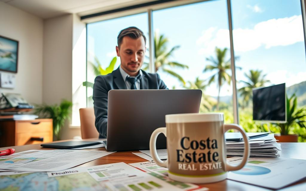 A bright, inviting office setting in Costa Rica, showcasing a Caucasian male staff member dressed in business casual attire, working diligently on a laptop. The foreground features a desk cluttered with property documents, maps of tropical locations, and a mug labeled "Costa Rica Real Estate." In the middle, a large window reveals lush green landscapes typical of Costa Rica, with palm trees and a vibrant blue sky. The atmosphere is professional yet relaxed, with natural light flooding the room, creating a warm and inviting mood. The angle is slightly tilted, focusing on the staff member's concentration and the detailed paperwork, emphasizing the importance of thorough due diligence in real estate transactions.