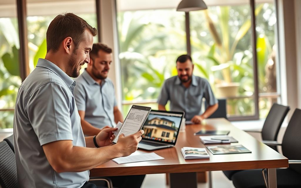 A bright, inviting office space in Costa Rica, featuring a group of three Caucasian male real estate professionals dressed in business casual attire, including polo shirts and button-down shirts. In the foreground, one professional is reviewing a property listing on a laptop, while the others are discussing details with enthusiastic expressions. The middle ground showcases a conference table with documents and property brochures, reflecting the real estate theme. In the background, large windows reveal lush tropical scenery, enhancing the local feel. The lighting is warm and natural, suggesting a bright afternoon, with a shallow depth of field to focus on the professionals. The brand name "Costa Rica Real Estate" is subtly integrated into the office design, contributing to a professional yet approachable atmosphere conducive to smooth transactions.
