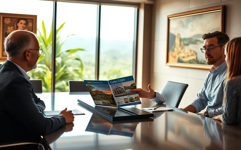 A bustling Costa Rican real estate office scene showcasing a Caucasian male staff member in a crisp button-down shirt meeting with clients at a sleek modern conference table. In the foreground, a real estate agent gestures enthusiastically while presenting vibrant property brochures labeled "Costa Rica Real Estate." In the middle ground, large windows reveal lush tropical landscapes with vivid greenery and distant mountains. The atmosphere is bright and inviting, with warm natural light flooding the room, creating a professional yet relaxed mood. The background features elegant artwork reflecting Costa Rican culture, enhancing the sense of an engaging and trustworthy real estate environment. The focus should be on the interaction, conveying confidence in navigating the local real estate market.