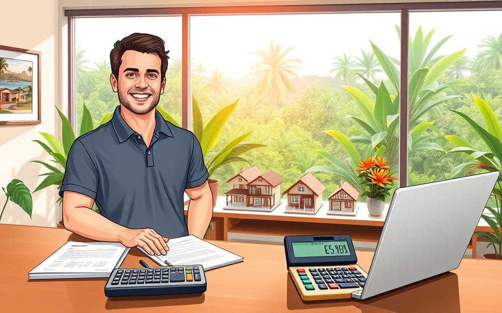 A detailed illustration depicting a professional and inviting real estate office in Costa Rica. In the foreground, a friendly Caucasian male real estate agent dressed in a business casual polo stands beside a modern desk with paperwork, a laptop, and a calculator displaying closing costs and taxes. The middle area features various house models and brochures labelled "Costa Rica Real Estate" on a display shelf, highlighting beautiful properties. The background reveals a large window showcasing a tropical Costa Rican landscape, filled with lush greenery and vibrant flowers under soft natural sunlight. The atmosphere is warm and welcoming, emphasizing professionalism and ease in the home buying process. The camera angle is slightly high, focusing on the agent engaging with a potential client, conveying trust and expertise.