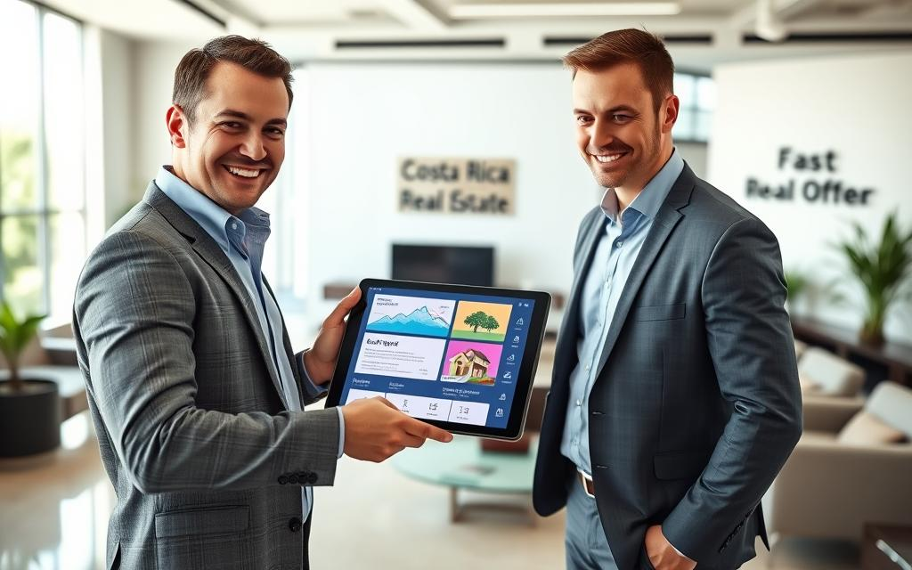 A dynamic office environment featuring a Caucasian male real estate agent in business casual attire, engaging with a potential client over a digital tablet showing a fast cash offer process. In the foreground, focus on the agent, who is smiling and gesturing confidently towards the screen, conveying warmth and professionalism. In the middle ground, display the tablet with vibrant graphics illustrating market trends and cash offer details. In the background, include a modern office with sleek furnishings and large windows that let in natural light, creating an uplifting atmosphere. Subtle branding of “Costa Rica Real Estate” is visible on the office walls. The mood should be optimistic and encouraging, promoting the ease and speed of the selling process without any clutter or distractions.