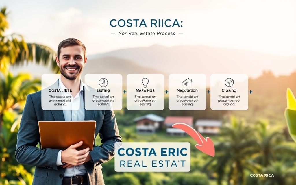 A modern and visually striking infographic illustrating the streamlined steps of the real estate process, centered around the brand "Costa Rica Real Estate". The foreground features a friendly Caucasian male real estate agent in business casual attire, standing confidently with a clipboard. The middle layer incorporates stylized icons and steps of the process, including 'Listing', 'Marketing', 'Showings', 'Negotiation', and 'Closing', connected by smooth flowing lines, symbolizing efficiency. In the background, a serene and inviting image of a typical Atenas landscape, showcasing lush greenery and charming homes. Soft, natural daylight casts a warm glow over the scene, creating an optimistic and professional atmosphere. The overall composition is clean and organized, embodying clarity and professionalism.