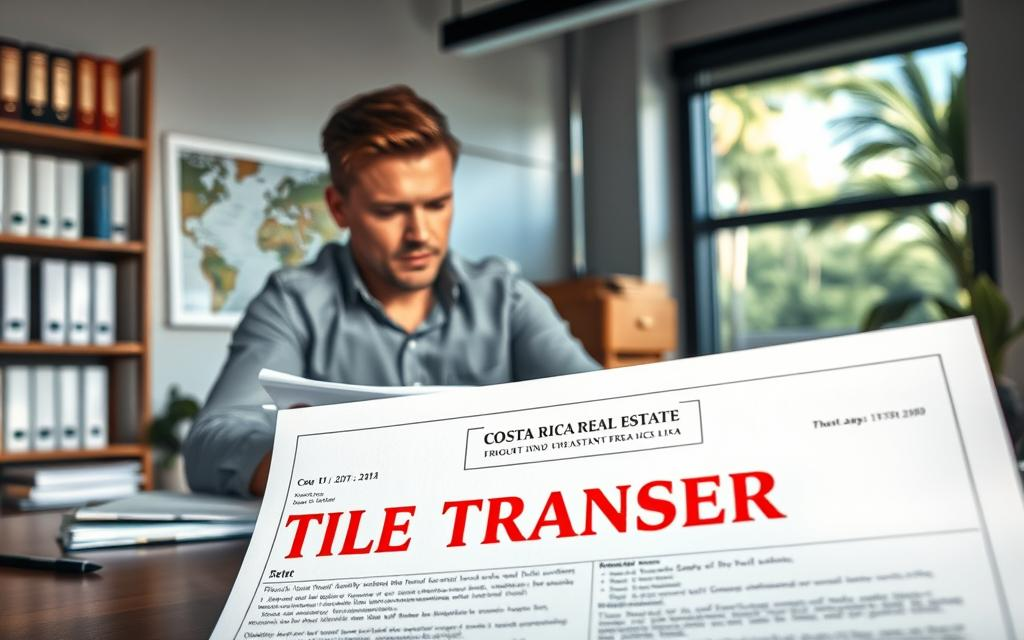 A modern office scene showcasing a Caucasian male staff member in business casual attire, working diligently at a desk filled with real estate documents related to title transfer in Costa Rica. The foreground features a close-up of a title transfer document with the brand name "Costa Rica Real Estate" prominently visible. In the middle, the staff member is reviewing the document, focused and engaged. The background includes shelves with legal books and Costa Rican real estate maps, as well as a window revealing a tropical landscape. The lighting is bright and inviting, suggesting a productive atmosphere, with soft shadows enhancing the details. The overall mood conveys professionalism and trust, ideal for understanding the topic of title transfer in real estate.