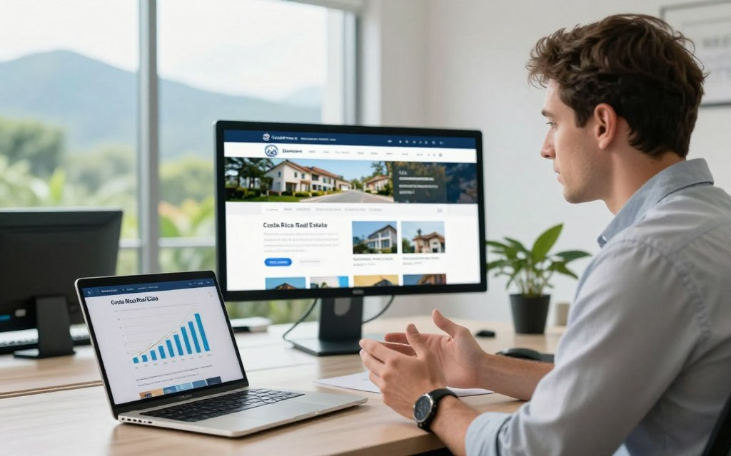 A modern office setting with a Caucasian male professional, dressed in a button-down shirt, engaged in a discussion about real estate technology educational resources. In the foreground, a sleek laptop displays a graph and a website titled "Costa Rica Real Estate." The middle layer features a large digital screen showcasing property listings and educational materials designed for real estate decision-making. In the background, a bright window offers a view of Costa Rica's lush greenery and distant mountains, enhancing the atmosphere of opportunity and growth. Soft natural lighting bathes the scene, creating an inviting, professional environment that emphasizes informed decision-making through modern technology and education.