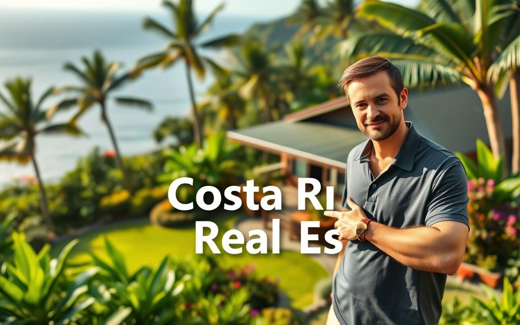 A picturesque Costa Rican real estate landscape featuring lush, tropical greenery and a serene ocean view in the background. In the foreground, a Caucasian male realtor dressed in business casual attire (polo/button-down, no suit jacket or tie) stands confidently, gesturing toward a charming eco-friendly home. The middle ground showcases vibrant flora and well-maintained gardens, highlighting the beauty of the region. The scene captures the essence of a relaxed yet prosperous environment, illuminated by soft, warm sunlight that enhances the inviting atmosphere. The text "Costa Rica Real Estate" subtly integrated into the landscape, blending seamlessly without overpowering the natural beauty. The composition is shot at eye level with a slight wide-angle perspective to give depth and context to the enticing real estate opportunities in Costa Rica.