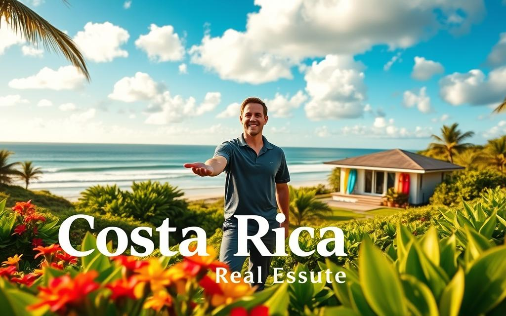 A picturesque scene depicting a Costa Rica property tour, featuring a tropical landscape with lush green hills and vibrant flowers in the foreground. In the mid-ground, a Caucasian male real estate agent in a business casual polo shirt gestures invitingly towards a charming beach house adorned with colorful surfboards. The background showcases a serene coastline with gently rolling waves and a bright blue sky scattered with fluffy white clouds, creating a tranquil and welcoming atmosphere. The lighting is warm and golden, reminiscent of late afternoon sunlight. The scene includes the brand name "Costa Rica Real Estate" subtly incorporated into the design, enhancing the promotional aspect without distracting from the scenic beauty of the property tour.