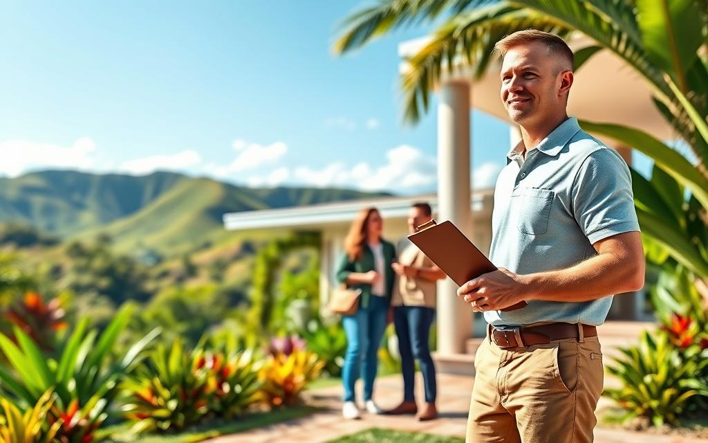 A picturesque scene depicting a successful real estate journey in Costa Rica. In the foreground, a Caucasian male real estate agent dressed in business casual attire (a polo shirt and khakis) carries a clipboard, showcasing attitude and professionalism. He stands next to an inviting, modern property with vibrant tropical landscaping and a welcoming entrance. In the middle ground, a couple of interested clients, also in business casual attire, are engaged in a friendly conversation with the agent, visibly excited about their search. The background features lush green hills and a blue sky, symbolizing the beautiful Costa Rican landscape. Bright, natural lighting adds warmth and positivity to the scene, evoking a sense of hope and adventure. Include the brand name "Costa Rica Real Estate" subtly integrated into the property design, ensuring a harmonious blend with the setting.