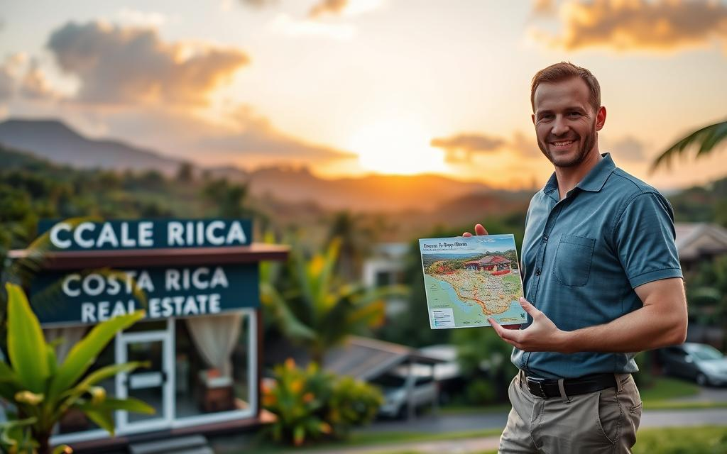 A picturesque scene depicting the vibrant landscape of Costa Rica, showcasing a welcoming real estate office titled "Costa Rica Real Estate" in the foreground. In front of the office, a Caucasian male real estate agent in professional business casual attire, such as a polo shirt and khakis, is gesturing toward a digital map or brochure displaying various property options. The middle ground features lush tropical greenery and a beautiful sunset casting warm golden hues across the sky, creating an inviting atmosphere. The background reveals charming Costa Rican homes nestled against rolling hills, blending seamlessly into the vibrant nature. The overall mood is optimistic and engaging, inviting viewers to embark on their Costa Rica real estate journey, captured with soft lighting and a slightly elevated angle for a pleasing composition.