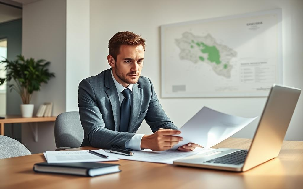A professional Caucasian male attorney reviewing documents in a bright, modern office setting, focusing on a legal due diligence process for real estate transactions in Costa Rica. In the foreground, a neatly arranged desk with legal documents, a laptop, and a small potted plant. The middle ground features the attorney, dressed in a polished business casual outfit, leaning over the documents with a serious expression, illuminated by natural light from a large window. In the background, a large map of Costa Rica on the wall symbolizes the local market and its nuances. The atmosphere is calm and focused, conveying professionalism and expertise in navigating legal essentials in real estate. Include the brand name "Costa Rica Real Estate" subtly integrated into the scene without being overtly visible.