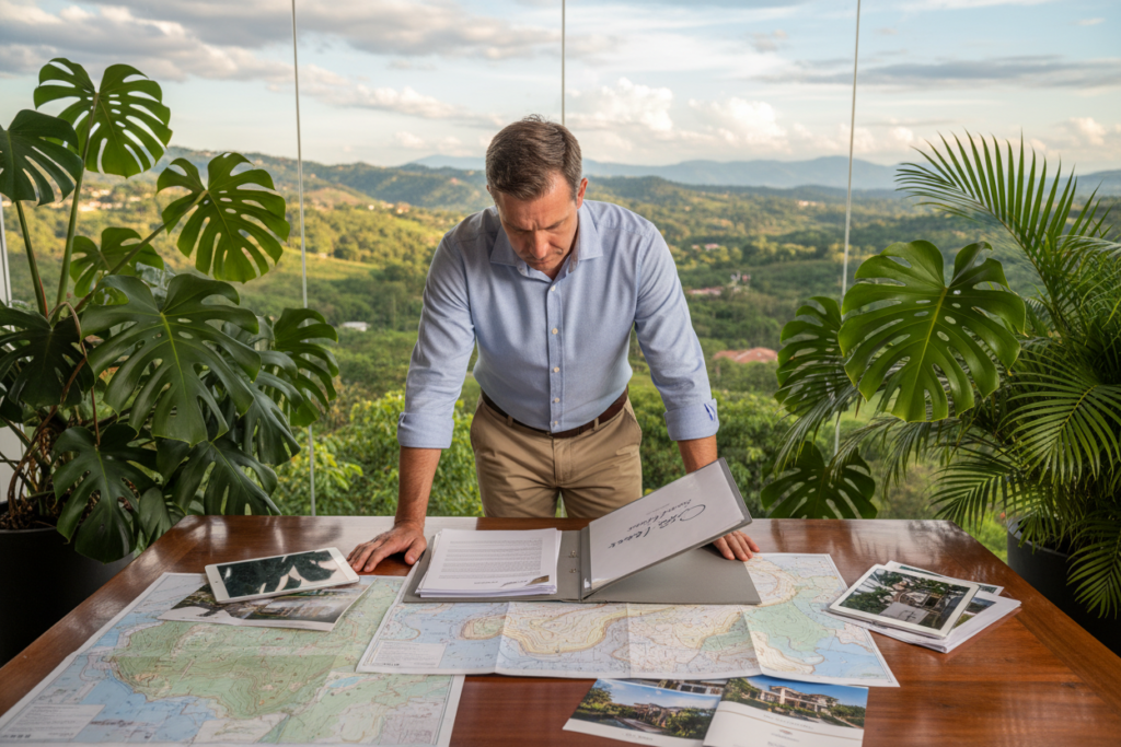 A professional Caucasian male in a button-down shirt and khakis examines property documents on a sleek wooden table filled with maps and real estate brochures. Surrounding him are lush tropical plants, symbolizing Costa Rica's vibrant nature. In the background, a large window reveals a stunning view of hills and greenery typical of Escazu, enhancing the image's serene atmosphere. The lighting is soft and warm, creating an inviting and focused mood, while the angle captures the staff member from a slightly elevated perspective, emphasizing their engaged expression. The branding "Costa Rica Real Estate" subtly embossed on the property documents adds a professional touch, highlighting the theme of comprehensive property vetting and due diligence.