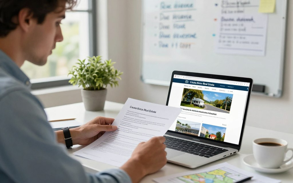 A professional Caucasian male in business casual attire, such as a button-down shirt, is seated at a modern desk filled with property documents and maps, actively reviewing real estate listings in Costa Rica. The foreground features a detailed close-up of a laptop screen displaying the "Costa Rica Real Estate" website, while in the background, a whiteboard showcases notes about the due diligence process. Soft, natural lighting filters through a nearby window, creating an inviting and focused atmosphere. A potted plant and a cup of coffee add warmth to the scene, emphasizing a sense of careful analysis and professionalism in the discovery and verification process of real estate. The image captures a thoughtful moment of exploration in the beautiful setting of Costa Rica.