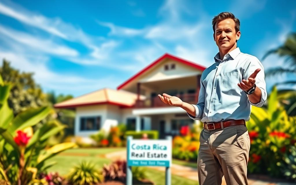 A professional Caucasian male real estate agent, dressed in business casual attire (a button-down shirt and khakis), stands in the foreground, showcasing a vibrant Costa Rican home for sale. His posture is inviting, gesturing towards the property as he engages with potential buyers. In the middle ground, a well-maintained garden surrounds the house, featuring tropical plants and colorful flowers that reflect Costa Rica's lush environment. The background displays a clear blue sky with wispy clouds, capturing a sunny day typical of the region. Soft, natural sunlight bathes the scene, creating a warm and welcoming atmosphere. The brand name "Costa Rica Real Estate" is subtly incorporated into the environment, perhaps on a sign near the property, enhancing the focus on the selling process.