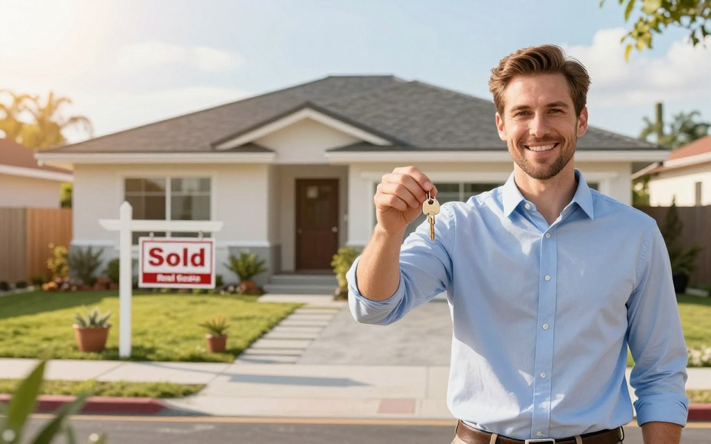A professional Caucasian male real estate agent in business casual attire, such as a polo and button-down shirt, stands confidently in the foreground. He is smiling, holding a house key, symbolizing a successful home sale process. In the middle ground, an illustration of a modern, beautifully designed home is visible, showing a "Sold" sign in front, conveying a seamless transaction. The background features a picturesque Escazu neighborhood, bathed in warm, natural sunlight, enhancing a welcoming atmosphere. Soft shadows and light flares imply a serene, positive vibe. The brand name "Costa Rica Real Estate" is subtly integrated into the scene, emphasizing the idea of a cost-free home sale facilitated by GAP Realty. The overall mood is optimistic and professional, celebrating the ease of selling a home without upfront costs.
