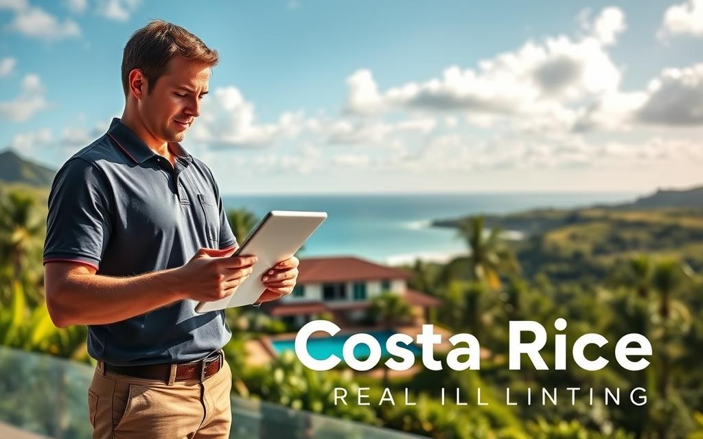 A professional Caucasian male real estate agent in business casual attire, such as a polo shirt and khakis, stands confidently at a vibrant Costa Rican property. In the foreground, he reviews documents and a digital tablet, symbolizing due diligence and thorough buyer education. In the middle ground, a picturesque view showcases a luxurious beachfront home surrounded by lush tropical foliage, emphasizing the allure of Costa Rica real estate. In the background, rolling hills and a bright blue sky dotted with fluffy clouds create a warm, inviting atmosphere. Soft, natural lighting highlights the scene, enhancing the serene mood. The brand name "Costa Rica Real Estate" is subtly incorporated into the image, reinforcing the focus on educational resources for potential buyers and investors.