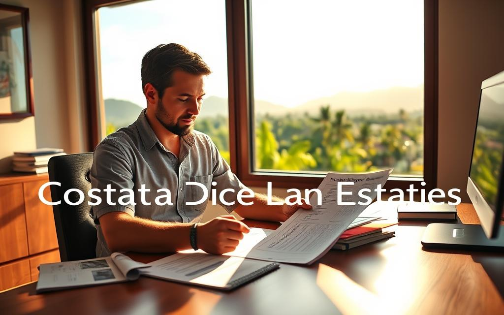 A professional Caucasian male staff member in business casual attire, such as a polo shirt and button-down, is seated at a wooden desk spread with documents and property listings. He is deeply engaged in reviewing a checklist titled "Due Diligence Steps" related to Costa Rica real estate. In the background, a vibrant tropical landscape with palm trees and distant mountains can be seen through a large window, bathed in warm, natural sunlight that casts soft shadows around the room. The mood is focused and serene, creating an atmosphere of professionalism and trust. The setting suggests the importance of attention to detail in real estate transactions. The brand name "Costa Rica Real Estate" is subtly incorporated into the scene, perhaps on a brochure or desk item, enhancing the context without text overlays.