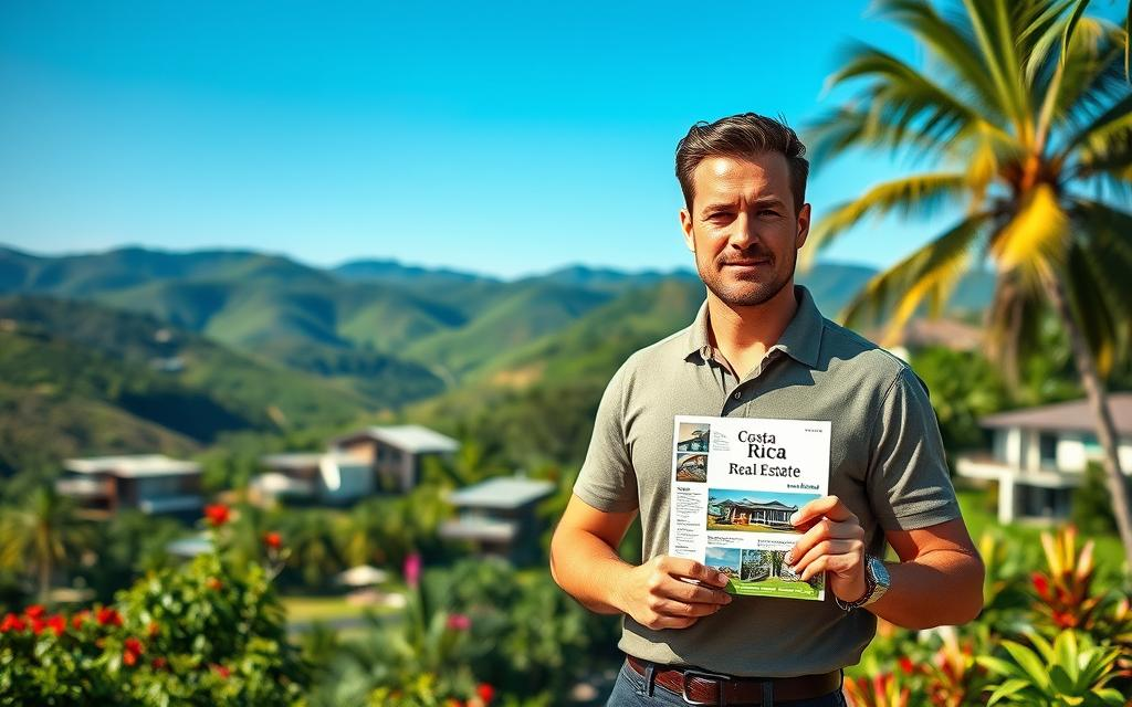 A scenic view of the Costa Rican real estate market, featuring a diverse landscape of lush green hills and vibrant tropical foliage. In the foreground, a Caucasian male real estate agent in business casual attire (polo and button-down shirt) stands confidently, showcasing a property brochure labeled "Costa Rica Real Estate." The middle ground displays modern homes with unique architectural styles, surrounded by palm trees and colorful flowers, illustrating various market options. In the background, rolling hills meet a clear blue sky, using natural soft sunlight to evoke a warm and inviting atmosphere. The ambiance is professional yet relaxed, reflecting the essence of the Costa Rican lifestyle while engaging potential home buyers. The image should have a balanced composition with a slight depth of field effect, ensuring the focus remains on the realtor and the depicted homes.