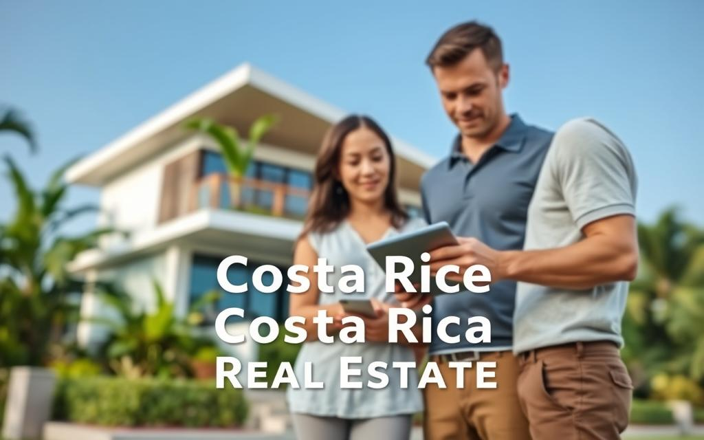 A serene and professional scene depicting the real estate process in Costa Rica. In the foreground, a Caucasian male real estate agent in business casual attire (polo and khakis) is engaged with a couple, discussing a property listing on a tablet. In the middle ground, a modern home with vibrant greenery and tropical flora showcases the beauty of Costa Rican architecture. The background features a clear blue sky, adding a calm and hopeful atmosphere. Soft, natural lighting enhances the scene, conveying trust and professionalism. The brand name "Costa Rica Real Estate" is subtly integrated into the tablet display without being overwhelming. Capture the essence of navigating the real estate journey from discovery to closing, highlighting the personal touch of the client-agent interaction.