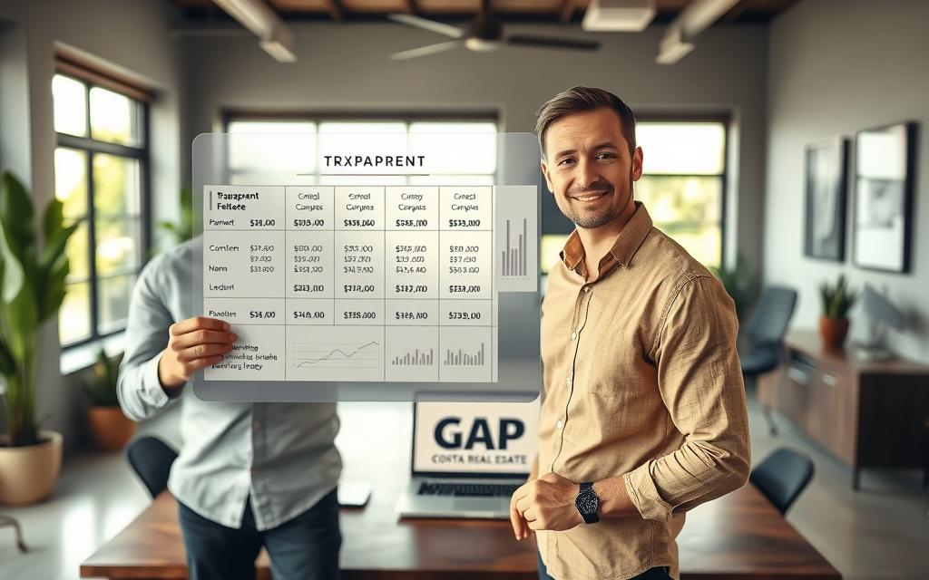 A serene and professional scene illustrating a "transparent real estate payment structure" for GAP Realty in a modern office environment. In the foreground, a Caucasian male real estate agent in a casual button-down shirt presents a sleek, transparent board showcasing payment options intricately laid out. In the middle, a well-arranged desk displays a laptop with financial graphs and a 'Costa Rica Real Estate' logo prominently featured. Natural light filters in through large windows, creating a warm, inviting atmosphere. The background includes a tasteful decor with potted plants and calming artwork, enhancing a sense of professionalism and clarity. The overall mood is optimistic and transparent, reflecting the innovative listing model of "Free Listing for Homes in Atenas."