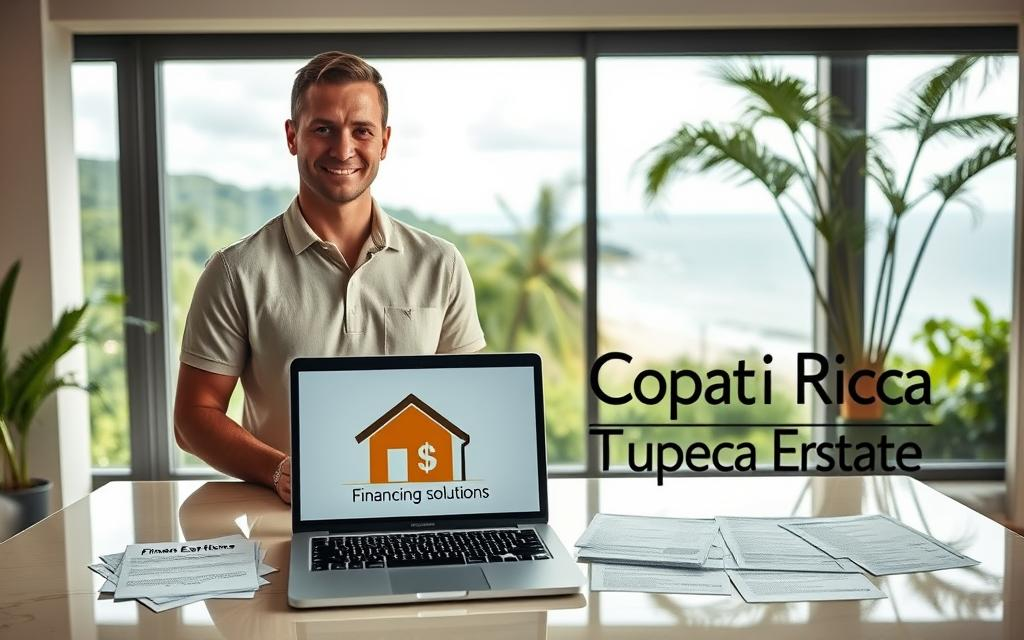 A serene office environment with a Caucasian male agent in business casual attire, such as a polo shirt or button-down, presenting various financing options for real estate in Costa Rica. The foreground features a beautifully arranged table with documents labeled as "Financing Solutions" alongside a laptop displaying a cheerful graphic of a house and dollar signs. In the middle ground, a large window overlooks a lush Costa Rican landscape, bursting with greenery and the ocean in the distance, symbolizing opportunity. Soft, natural lighting bathes the scene, highlighting professionalism and approachability. The atmosphere conveys a sense of ease and clarity, aimed at prospective homebuyers looking for financing guidance. Include the brand name "Costa Rica Real Estate" subtly integrated into the image.