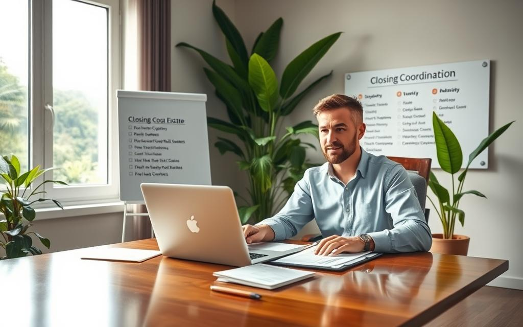 A serene office space bathed in natural light filters through large windows, showcasing a lush Costa Rican landscape outside. In the foreground, a Caucasian male real estate professional in a button-down shirt is seated at a polished wooden desk, engaging in a video call with local experts on a laptop. Papers and a property brochure for "Costa Rica Real Estate" are neatly arranged around him. In the middle ground, a whiteboard displays a checklist titled "Closing Coordination," filled with important steps and local contacts. In the background, vibrant tropical plants add life to the room, enhancing the atmosphere of professionalism and collaboration. The overall mood is warm and inviting, illustrating the efficient and friendly nature of Costa Rican real estate transactions.