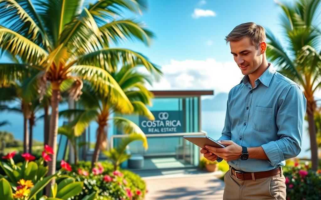 A serene outdoor real estate office in Costa Rica, set against a lush tropical backdrop of palm trees and vibrant flowers. In the foreground, a Caucasian male staff member in business casual attire (a stylish button-down shirt and khakis) is engaging with a tablet, showcasing properties. The middle ground features a modern, glass-fronted office building with the "Costa Rica Real Estate" logo prominently displayed. The background reveals stunning coastal views of the Pacific Ocean and distant mountains under a bright blue sky. Soft, natural lighting highlights the scene, creating an inviting and professional atmosphere. The composition captures a sense of vibrant opportunity and exclusivity in property marketing, emphasizing accessibility and professionalism in Costa Rica's real estate market.