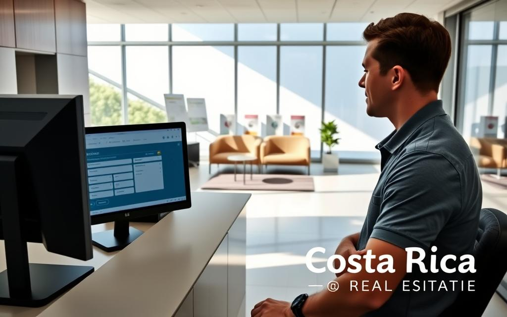 A sleek, modern office environment showcasing a booking appointment system for COSEVI in Costa Rica. In the foreground, a Caucasian male staff member in business casual attire (polo shirt) assists a customer at a reception desk with a computer and booking interface displayed. The middle layer features a well-organized seating area with informational brochures about driver's licenses and traffic regulations. The background depicts large windows allowing bright, natural light to fill the room, enhancing the professional atmosphere. Soft shadows create a welcoming mood. The overall image conveys efficiency and accessibility in navigating the appointment system, with the brand "Costa Rica Real Estate" subtly integrated into the scene.
