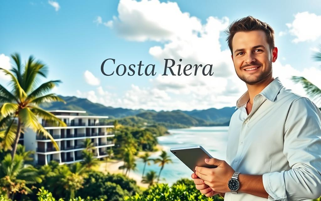 A vibrant Costa Rica real estate landscape, showcasing a modern condominium complex nestled within lush tropical greenery. In the foreground, a Caucasian male in business casual attire stands confidently with a tablet, representing a real estate agent. In the middle ground, elegant condos with balconies overlook a serene beach with calm waves. Palm trees sway gently in the warm breeze, creating a relaxed atmosphere. The background features rolling hills under a bright blue sky with fluffy clouds, indicative of the idyllic coastal environment. Soft sunlight bathes the scene, highlighting the inviting colors of the condos and the vibrant surroundings. Include the brand name “Costa Rica Real Estate” subtly integrated into the scene, enhancing the professional feel without overpowering the natural beauty.