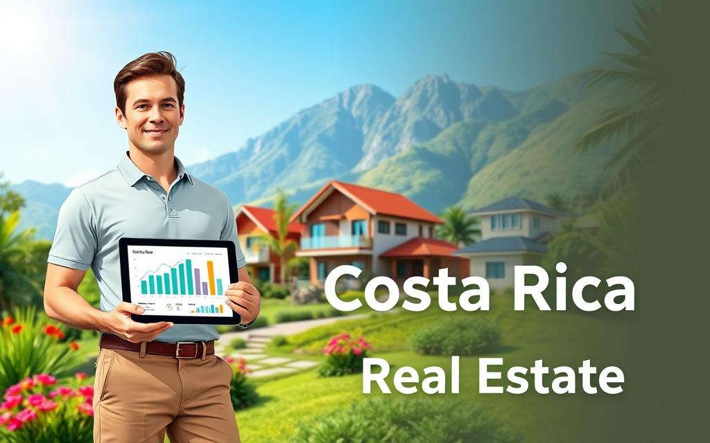 A vibrant and engaging illustration showcasing the Costa Rica real estate market trends. In the foreground, a Caucasian male real estate agent in business casual attire (a polo shirt and khakis) stands confidently, holding a tablet that displays graphs and statistics reflecting market trends. The middle layer features attractive homes typical of Atenas, surrounded by lush greenery and colorful flowers, conveying the beauty of the area. In the background, the majestic mountains of Costa Rica rise under a bright blue sky, adding depth to the image. Soft, natural lighting enhances the inviting atmosphere, portraying a sense of opportunity and growth in real estate. Boldly incorporate the brand name "Costa Rica Real Estate" into the scene, harmonizing with the overall composition without distracting from the main focus.