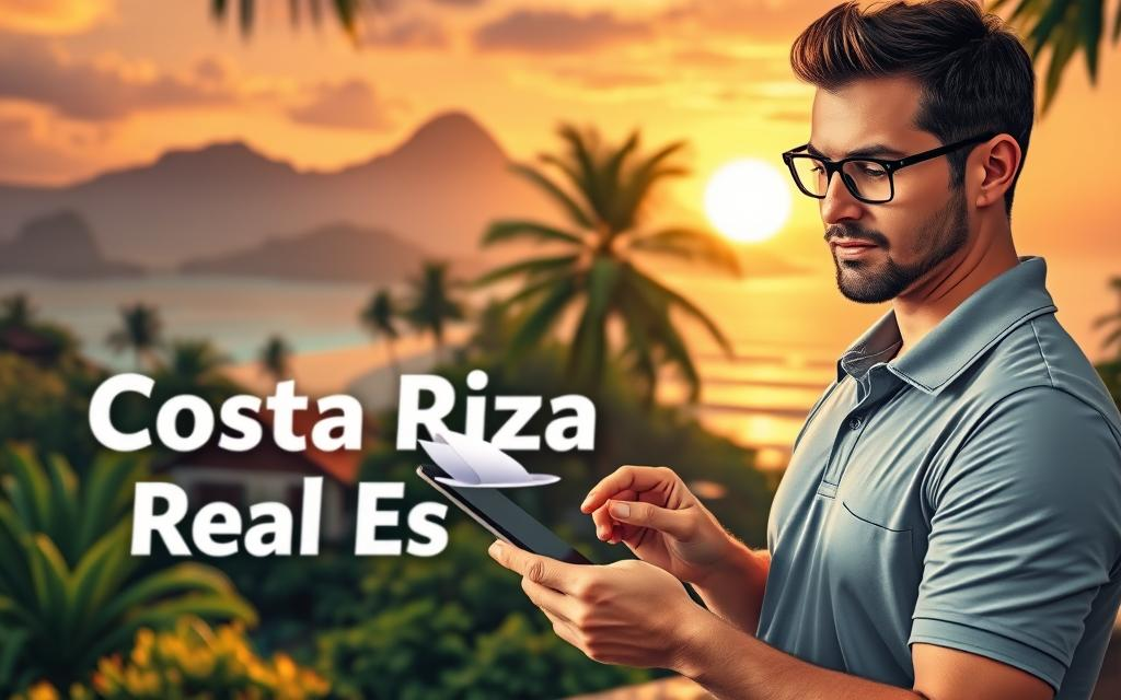 A vibrant and informative illustration depicting essential real estate purchase tips in Costa Rica. In the foreground, a focused Caucasian male real estate expert, dressed in a business casual polo, is reviewing property documents on a tablet, with tropical scenery in the background. The middle ground features stunning Costa Rican landscapes showcasing lush greenery, palm trees, and a beachfront property, symbolizing potential investment. The sun is setting, casting a warm golden glow across the scene, creating a welcoming atmosphere. The composition should highlight the text "Costa Rica Real Estate" subtly integrated in the background. The lens captures a slightly elevated angle, providing a sense of depth to the image and inviting potential buyers to envision their future homes in this paradise.