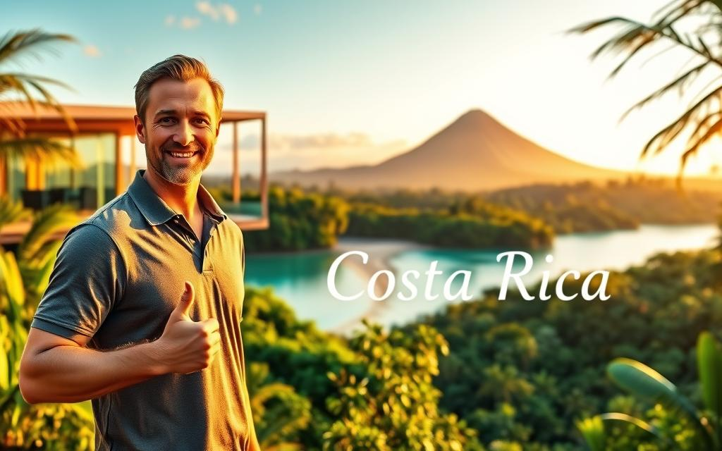 A vibrant and inviting scene depicting the blend of adventure and real estate in Costa Rica. In the foreground, a friendly Caucasian male real estate professional in a polo shirt stands confidently, gesturing towards a modern, eco-friendly house with large windows showcasing lush green surroundings. In the middle ground, a pristine beach with turquoise waters complements the property, hinting at the adventurous lifestyle the area offers. The background features the breathtaking Arenal Volcano, surrounded by tropical rainforest. The lighting is warm and golden, suggesting a sunset atmosphere, enhancing the mood of tranquility and opportunity. A subtle overlay of the brand name "Costa Rica Real Estate" gracefully integrates into the scene without any distractions. The overall feel portrays an idyllic merger of nature, adventure, and real estate investment.