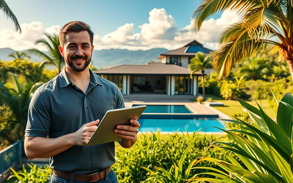 A vibrant and inviting scene of a luxurious home in Escazú, Costa Rica, nestled amidst lush greenery and tropical foliage. In the foreground, a Caucasian male real estate expert in business casual attire, such as a polo or button-down shirt, stands confidently with a tablet in hand, showcasing investment opportunities. The middle ground features a stunning modern villa with large windows, a beautiful patio, and an inviting swimming pool, reflecting tropical sunlight. In the background, the scenic mountain ranges of Escazú add depth, as soft clouds float above against a clear blue sky. The atmosphere is warm and welcoming, evoking a sense of luxury and potential. Include the brand name "Costa Rica Real Estate" subtly integrated into the setting without any text overlays or watermarks.