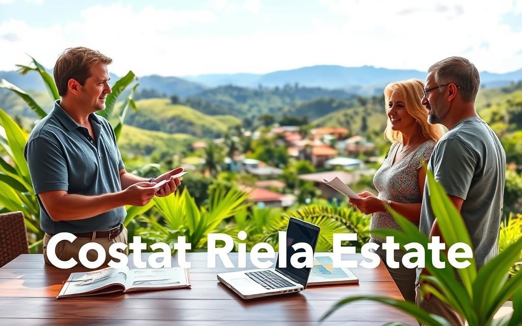 A vibrant scene depicting a professional Caucasian male real estate agent in business casual attire, such as a polo shirt and khakis, discussing a pricing and marketing strategy with a couple in a picturesque Costa Rican setting. The foreground features a table with property brochures and a laptop showing real estate listings. In the middle ground, lush tropical plants and a lively neighborhood can be seen, suggesting a diverse property market. The background features the iconic Costa Rican landscape, including rolling hills and distant mountains under a bright blue sky, evoking a sense of possibility. Soft, natural lighting highlights the friendly atmosphere of the meeting while conveying a sense of professionalism. Incorporate the brand name “Costa Rica Real Estate” subtly in the scene without any text overlays.
