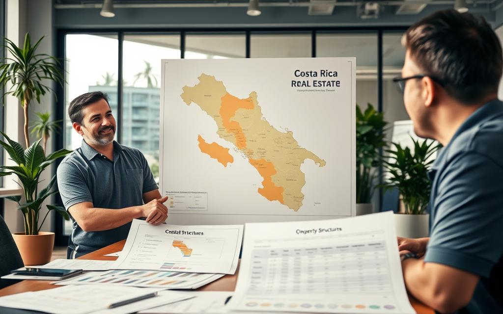 A vibrant scene depicting a professional setting focused on municipal taxes and property ownership in Costa Rica. In the foreground, a Caucasian male staff member in business casual attire, such as a polo shirt, is engaged in discussion, surrounded by documents and charts illustrating tax structures. The middle ground features a large map of Costa Rica with highlighted municipal areas, alongside paperwork labeled "Costa Rica Real Estate," reflecting the complexities of ownership structures. The background shows a modern office setting with large windows, allowing natural light to stream in, creating a warm and inviting atmosphere. The overall mood is professional and collaborative, showcasing an informative and supportive environment for potential property owners.