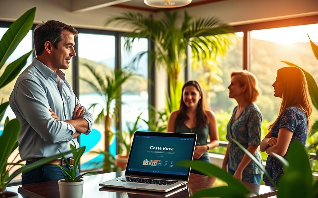 A vibrant scene depicting the Costa Rica property purchase process, featuring a Caucasian male agent dressed in business casual attire, engaging with a couple interested in buying a home. The foreground shows a beautifully designed office space with tropical plants and a large window revealing a sunny Costa Rican landscape. In the middle, a table is set with property listings and a laptop displaying the “Costa Rica Real Estate” brand. The background features a lively Costa Rican beach and lush greenery, highlighting the region's natural beauty. The lighting is warm and inviting, suggesting a friendly and professional atmosphere, with a slight emphasis on the digital transactions involved in the home-buying process. The angle captures both the agent’s approachable demeanor and the excitement of the couple as they embark on this journey.