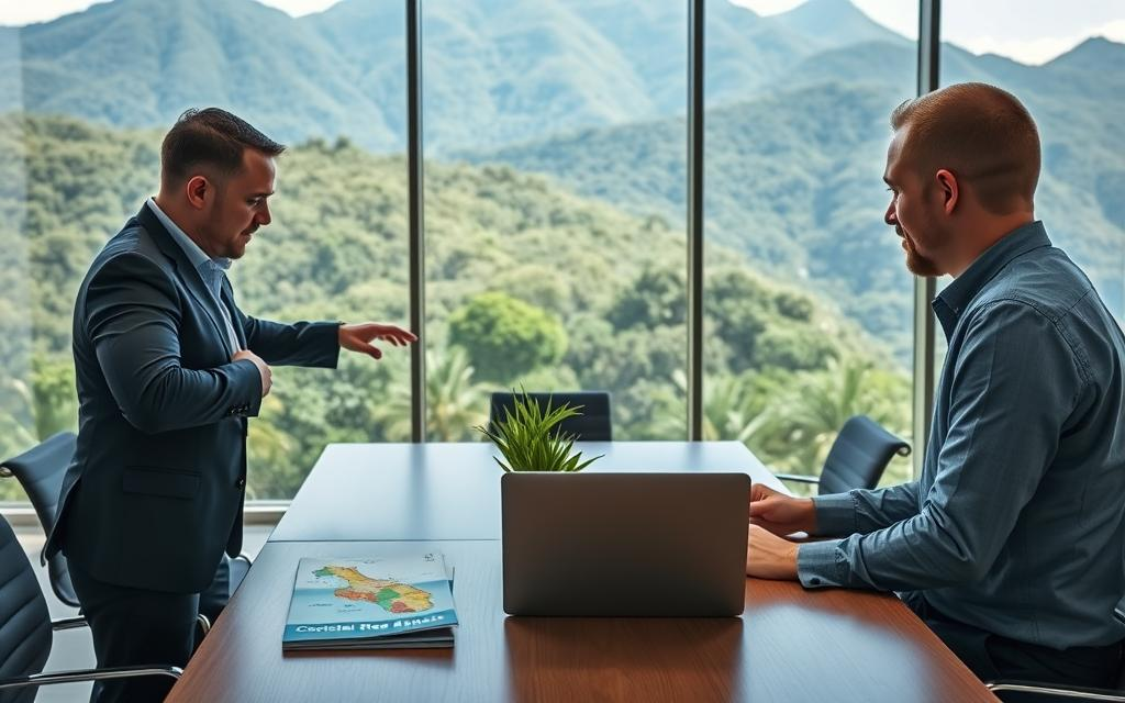 A well-arranged Costa Rica real estate office scene, focused on a group of three Caucasian male professionals dressed in business casual attire, engaged in a discussion about property ownership. In the foreground, one man points to a laptop displaying a vibrant map of Costa Rica marked with key real estate locations. The middle layer features a modern conference table with brochures labeled "Costa Rica Real Estate" and a few potted tropical plants for a fresh ambiance. In the background, large windows showcase a stunning view of lush greenery and mountains under bright, natural lighting. Capture a sense of expertise and collaboration, with a warm, inviting atmosphere that highlights professionalism and education. Use a slight upward angle to emphasize the expansive view and create depth in the composition.