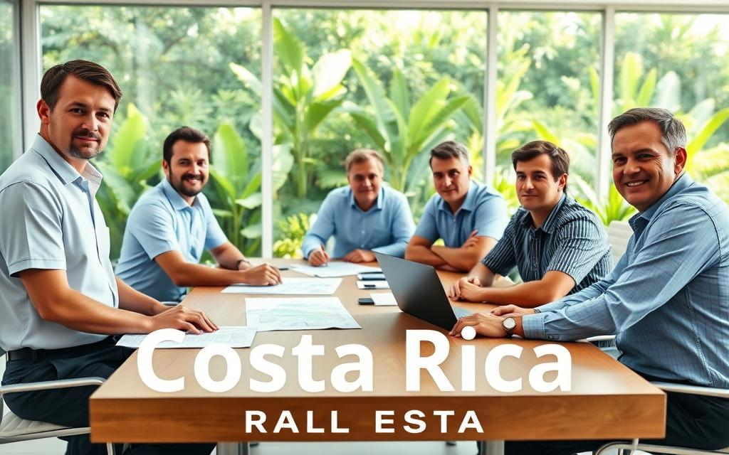 A well-organized team of Caucasian male professionals in business casual attire, such as polo shirts and button-downs, is engaged in a collaborative discussion around a wooden conference table filled with documents, maps, and a laptop. They are in a bright, airy office that showcases a lush view of Costa Rica's vibrant greenery through large windows in the background. The atmosphere is focused and professional, emphasizing teamwork in coordinating due diligence for property ownership. Soft, natural lighting bathes the room, highlighting the earnest expressions of the team. In the foreground, prominently feature the brand name “Costa Rica Real Estate” as part of the workspace decor. The scene conveys trust, expertise, and a commitment to thoroughness in real estate processes.