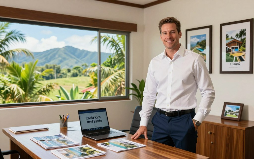 A Caucasian male real estate agent wearing a smart button-down shirt and tailored slacks stands confidently in a bright, inviting office space. The foreground features a polished wooden desk adorned with property brochures and a laptop displaying "Costa Rica Real Estate." In the middle, large windows showcase a lush tropical landscape, with green foliage and distant mountains under a clear blue sky. The background has tasteful decor, including framed photos of Escazú properties, promoting a professional yet relaxed atmosphere. Natural light floods the room, creating a warm and welcoming mood. The angle is slightly elevated, capturing the agent's engaging demeanor and the vibrant environment, perfectly reflecting the essence of casual Costa Rican business style.