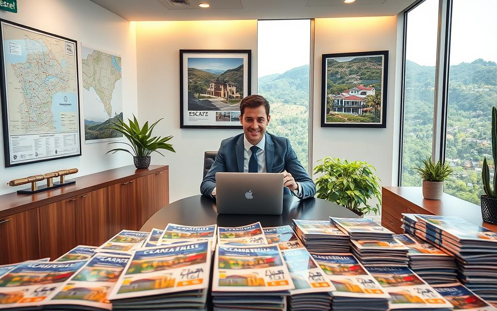A bright and inviting real estate office interior, centered on a Caucasian male real estate agent in smart business casual attire, seated at a sleek desk with a laptop, engaged in discussing a home listing process. The foreground features a well-organized array of colorful home brochures labeled "Costa Rica Real Estate." The middle ground displays large, detailed wall maps of Escazu neighborhoods and framed photographs of beautiful Escazu homes. In the background, through large windows, lush green landscapes and a picturesque view of the Escazu hills are visible under soft, warm lighting, creating a welcoming atmosphere. The composition conveys professionalism and optimism, aimed at potential home sellers seeking guidance in their listing process.