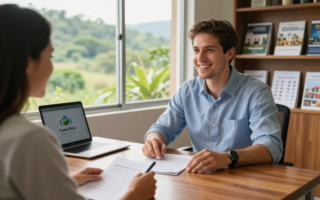 A bright and inviting real estate office scene, showcasing a Caucasian male staff member dressed in business casual attire, engaging with a client over paperwork on a polished wooden desk. In the foreground, focus on the detailed documents and a laptop displaying the "Costa Rica Real Estate" logo. In the middle ground, a large window reveals a lush green landscape typical of Costa Rica, letting in warm natural light that creates a cheerful atmosphere. In the background, shelves filled with brochures of Escazu apartment listings add depth. The overall mood is professional yet friendly, highlighting expert coordination in the buying process from discovery to closing. The image should have a soft focus, and be captured at eye level to enhance connection and engagement.
