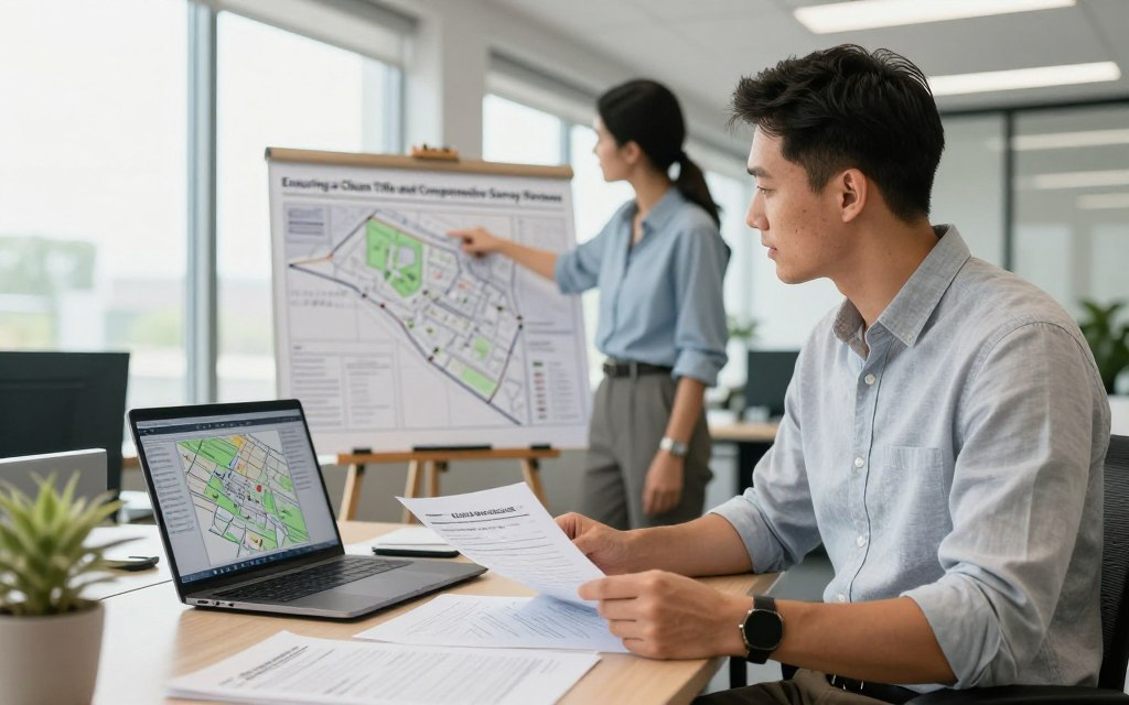 A captivating office scene focused on "Ensuring a Clean Title and Comprehensive Survey Reviews" in real estate. In the foreground, a Caucasian male staff member in business casual attire, wearing a button-down shirt and slacks, reviews detailed property documents on a desk. Beside him, a laptop displays a digital map with survey data. In the middle ground, another staff member points to a large printed survey map displayed on an easel, emphasizing the property's boundaries. The background showcases a well-lit, modern office with large windows, allowing natural light to illuminate the space, creating a welcoming atmosphere. Subtle branding for "Costa Rica Real Estate" is visible on office materials. The mood is professional, focused, and collaborative, capturing the essence of thorough real estate practices.
