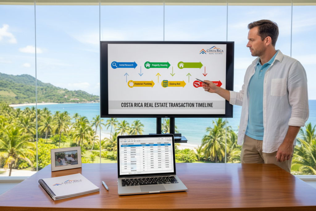 A clean and organized real estate transaction timeline and budget infographic. In the foreground, a smooth, modern desk with a laptop open, displaying a colorful budget spreadsheet, alongside a notepad and pen. The middle layer features a detailed timeline chart with distinct phases like ‘Initial Research,’ ‘Property Viewing,’ ‘Financial Planning,’ and ‘Closing Deal,’ depicted with icons and flow arrows. The background shows a well-lit office with a large window revealing a tropical landscape representing Costa Rica, happy and sunny atmosphere. Include a Caucasian male staff member in business casual attire (polo and button-down shirt), thoughtfully reviewing the timeline. Ensure bright, natural lighting enhances the professionalism of the scene. The brand name "Costa Rica Real Estate" subtly incorporated into the design elements.