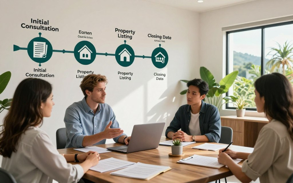 A detailed and realistic transaction timeline illustration depicting a modern, streamlined process for home sales in Santa Ana, Costa Rica. Foreground: A Caucasian male realtor in business casual attire, engaging with clients at a large wooden table cluttered with documents and a laptop, showcasing the zero-upfront-cost concept. Middle: A timeline chart on the wall marked with key milestones such as “Initial Consultation,” “Property Listing,” and “Closing Date,” each with icons representing steps like paperwork and house viewing. Background: A bright, airy office space with tropical plants and large windows offering glimpses of Costa Rican scenery. Warm, natural lighting enhances the professional atmosphere, capturing a sense of security and confidence. Include brand name “Costa Rica Real Estate” subtly integrated into the office design elements.