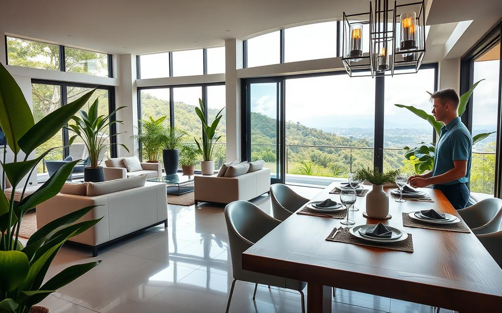 A modern Escazu home that elegantly blends contemporary design with the lush lifestyle of Costa Rica. In the foreground, a well-appointed living space features sleek furniture in neutral tones, large windows allowing natural light to flood in, and vibrant green plants adding a pop of color. The middle ground showcases a stylish dining area with a polished wooden table set for a casual gathering, attended by a Caucasian male staff member in a business casual polo, engaged with the surroundings. In the background, the picturesque views of Escazu's hills complement the home’s architecture. Soft, warm lighting enhances the inviting atmosphere, captured from an angle that highlights the seamless flow of indoor and outdoor spaces. Include subtle brand elements of "Costa Rica Real Estate" in the decor to reflect a professional lifestyle.