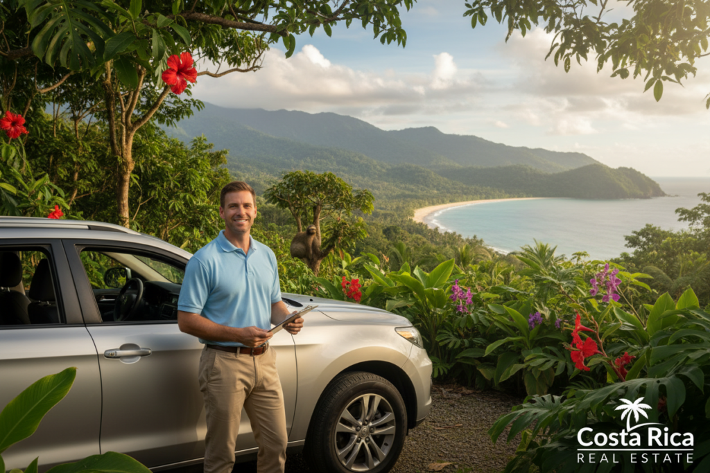 A professional Caucasian male driver in business casual attire, such as a polo shirt and khakis, confidently standing next to a modern SUV in a lush Costa Rican landscape. In the foreground, the driver holds a clipboard and smiles, symbolizing reliability and professionalism. In the middle ground, a beautifully diverse tropical scenery unfolds with greenery, vibrant flowers, and perhaps hints of wildlife. The background features a scenic view of a mountainside or beach, indicative of Costa Rica's natural beauty. Soft, warm sunlight filters through the trees, creating an inviting atmosphere. The logo "Costa Rica Real Estate" subtly integrated into the corner of the image, ensuring brand visibility without overshadowing the scene. The overall mood is one of comfort, adventure, and ease, highlighting the benefits of hiring a driver in this picturesque setting.